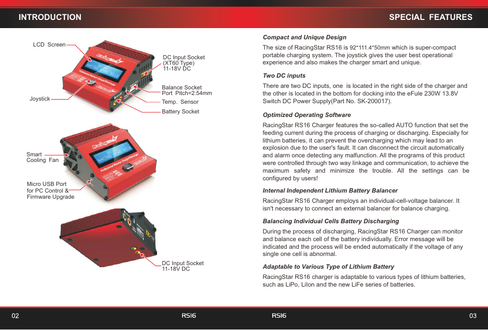 Introduction special features | SkyRC RS16 180W/16A Balance Charger/Discharger User Manual | Page 3 / 20