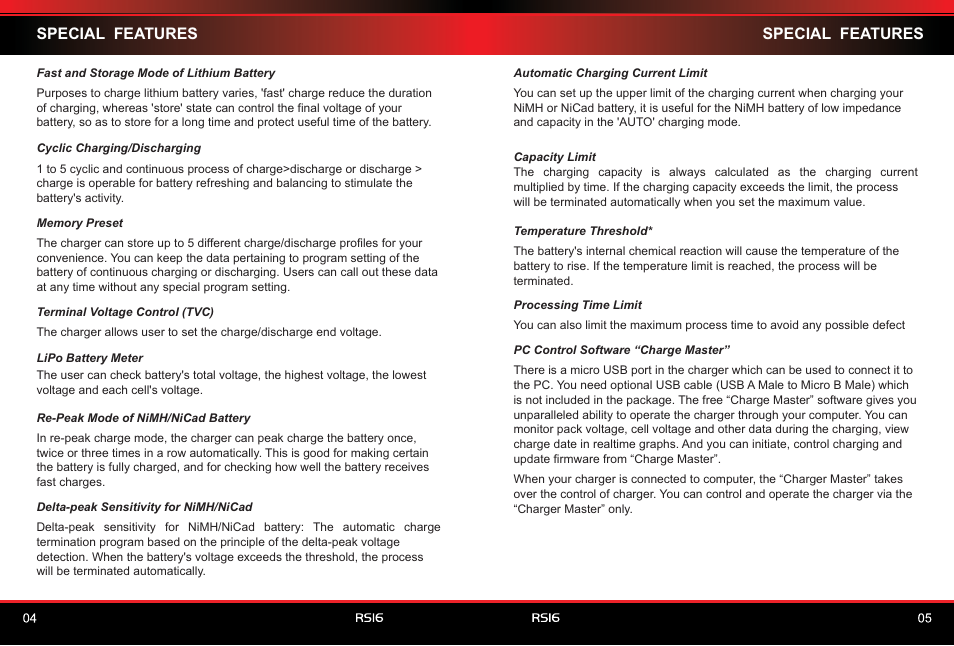 Special features | SkyRC RS16 180W/16A Balance Charger/Discharger User Manual | Page 4 / 20