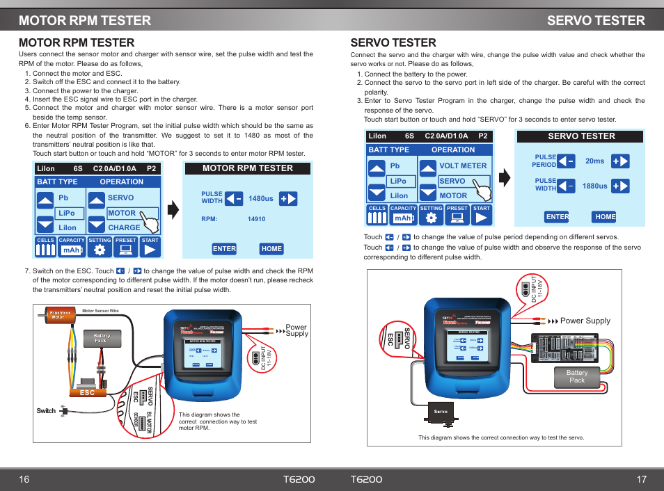 页 10, Motor rpm tester servo tester, Servo tester | Motor rpm tester, T6200 | SkyRC T6200 Charger User Manual | Page 10 / 14