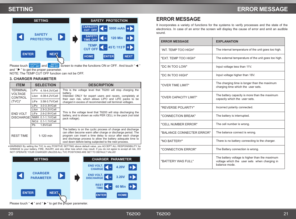 页 12, Setting, Error message | SkyRC T6200 Charger User Manual | Page 12 / 14