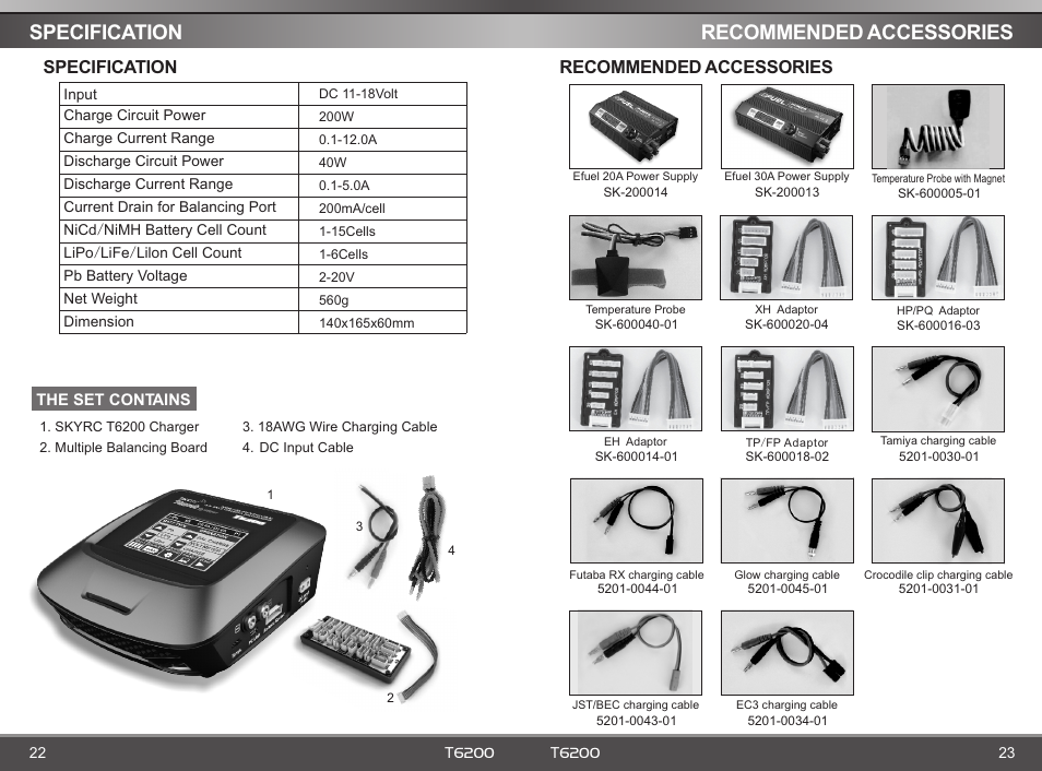 页 13, Specification recommended accessories, Recommended accessories | Specification | SkyRC T6200 Charger User Manual | Page 13 / 14