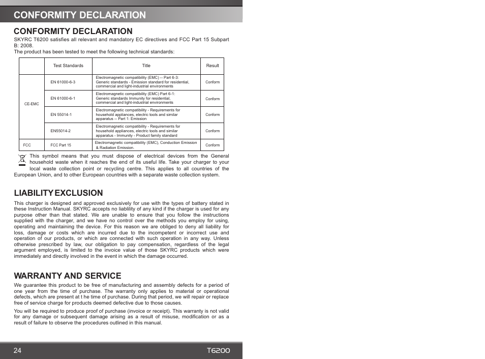 页 14, Conformity, Declaration | Warranty and service, Conformity declaration, Liability, Exclusion | SkyRC T6200 Charger User Manual | Page 14 / 14