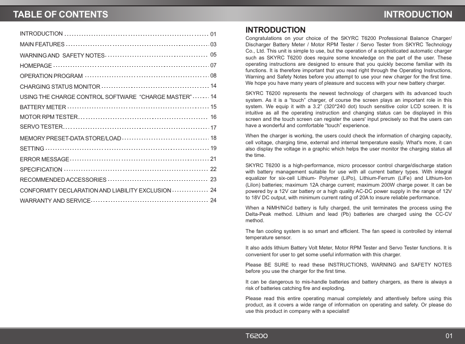 Table of contents introduction, Introduction | SkyRC T6200 Charger User Manual | Page 2 / 14