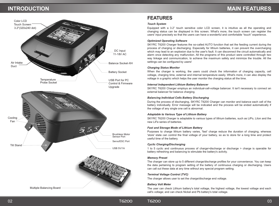 Main, Features, Introduction | SkyRC T6200 Charger User Manual | Page 3 / 14