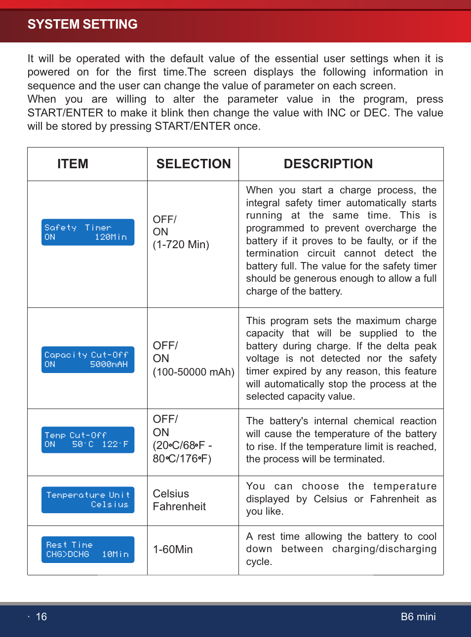 页 18, System setting, Item selection description | SkyRC iMAX B6 Mini Charger User Manual | Page 18 / 28