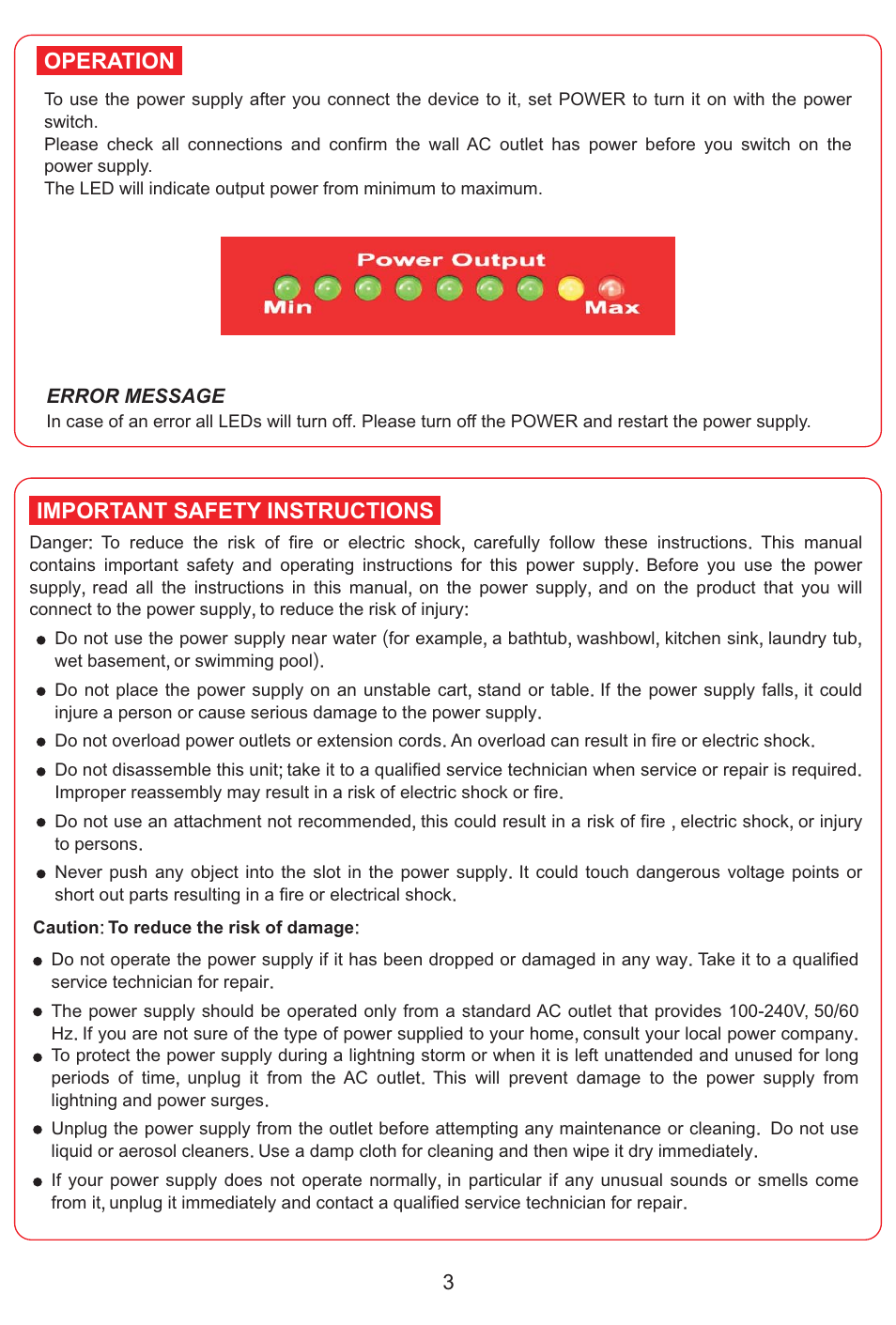 Operation, Important safety instructions | SkyRC eFuel 230W/17A Power Supply User Manual | Page 3 / 6