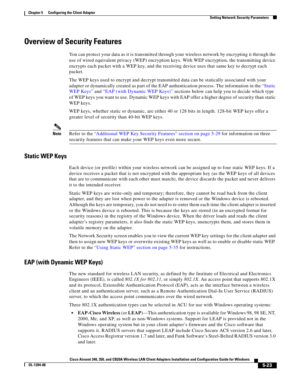 Overview of security features, Static wep keys, Eap (with dynamic wep keys) | Cisco 340 User Manual | Page 23 / 62