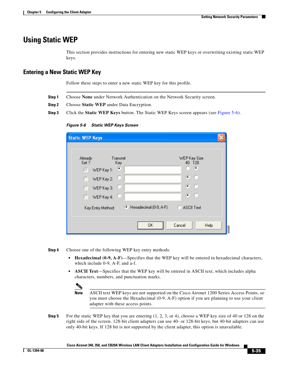 Using static wep, Entering a new static wep key, For i | Cisco 340 User Manual | Page 35 / 62