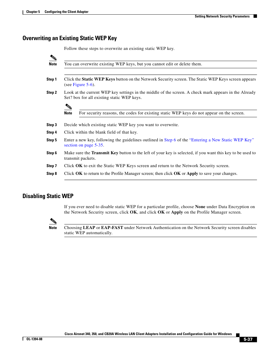 Overwriting an existing static wep key, Disabling static wep | Cisco 340 User Manual | Page 37 / 62
