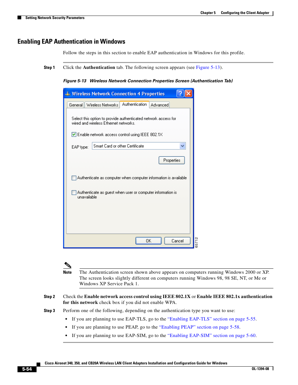 Enabling eap authentication in windows, Step 2, Enabling eap authentication in | Enabling eap | Cisco 340 User Manual | Page 54 / 62