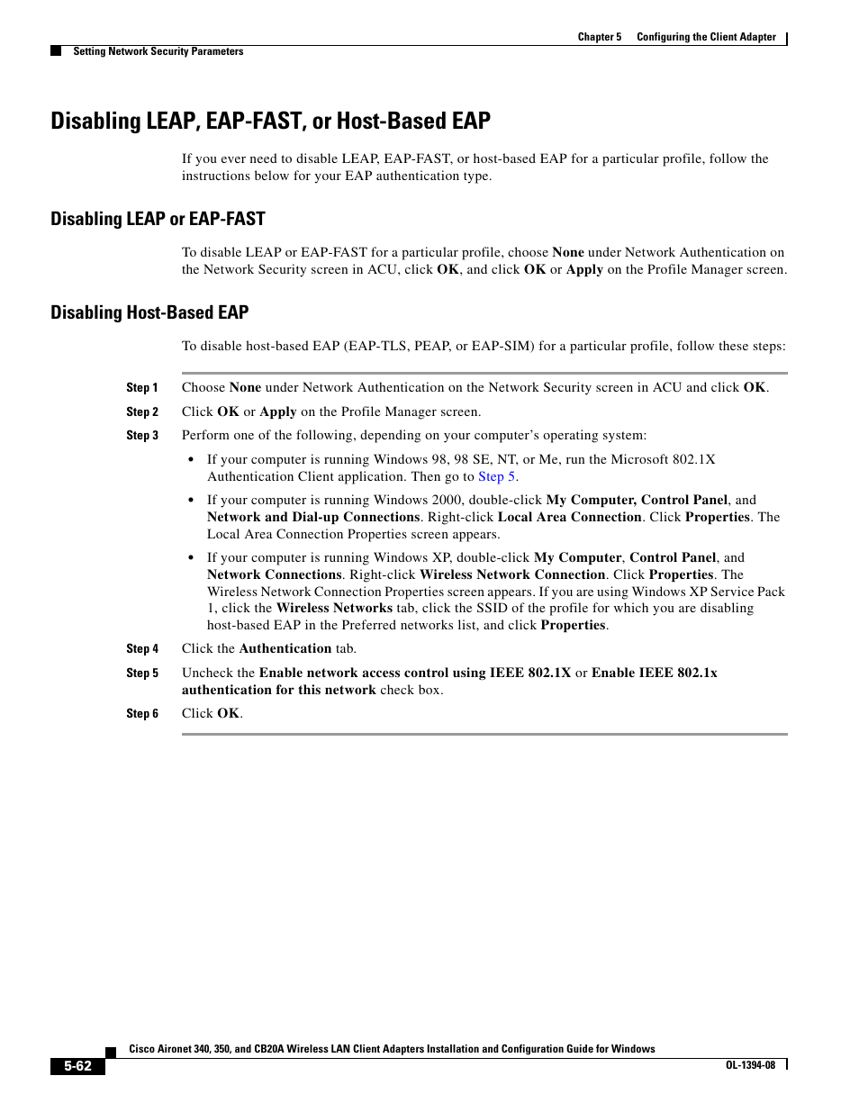 Disabling leap, eap-fast, or host-based eap, Disabling leap or eap-fast, Disabling host-based eap | Cisco 340 User Manual | Page 62 / 62