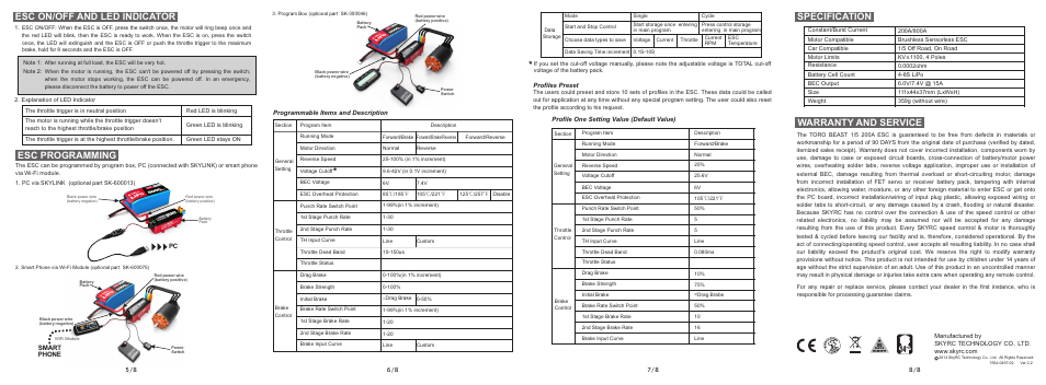 Specification, Warranty and service, Esc on/off and led indicator | Esc programming | SkyRC 1/5 EX 200A ESC User Manual | Page 2 / 2