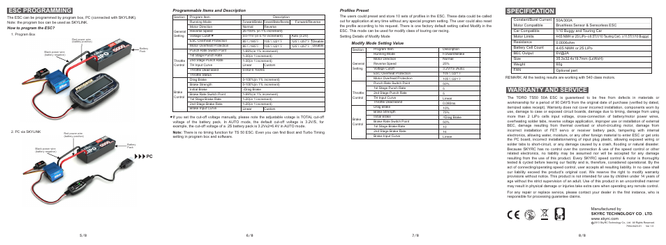 Warranty and service, Specification, Esc programming | SkyRC Toro TS50 Sensored ESC User Manual | Page 2 / 2