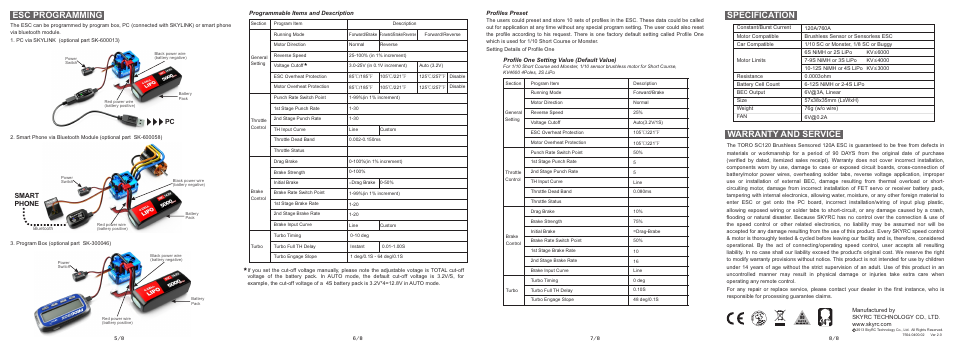 Specification, Warranty and service, Esc programming | Smart phone | SkyRC Toro SC120A ESC User Manual | Page 2 / 2