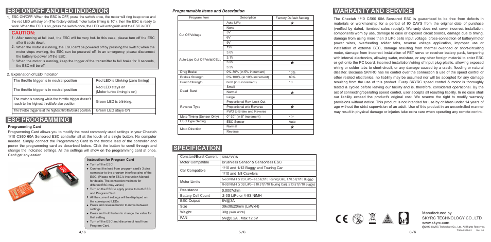 Warranty and service, Specification, Esc on/off and led indicator | Esc programming, Caution | SkyRC Cheetah 1/10 60A Sensored Combo User Manual | Page 2 / 2