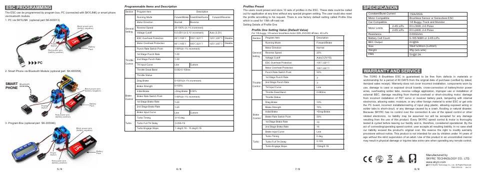 Specification, Warranty and service, Esc programming | Smart phone | SkyRC Toro TS 150A ESC User Manual | Page 2 / 2