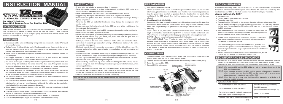 SkyRC Toro TS 120A ESC User Manual | 2 pages