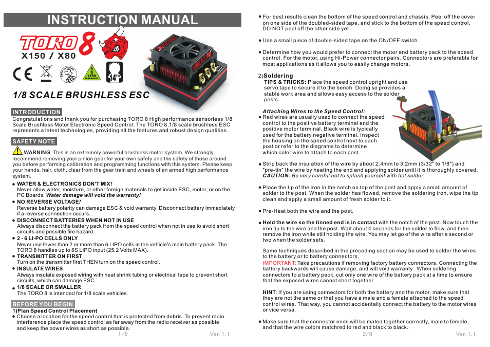 SkyRC Toro 8 X150 150A ESC for 1/8 Car User Manual | 4 pages