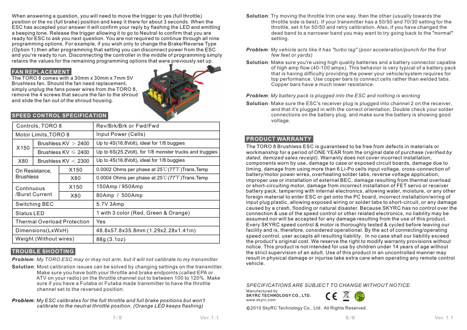 SkyRC Toro 8 X150 150A ESC for 1/8 Car User Manual | Page 4 / 4