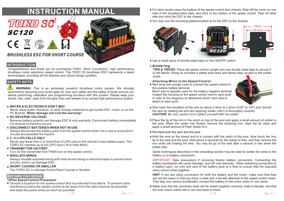 SkyRC Toro Short Course 120A ESC User Manual | 4 pages