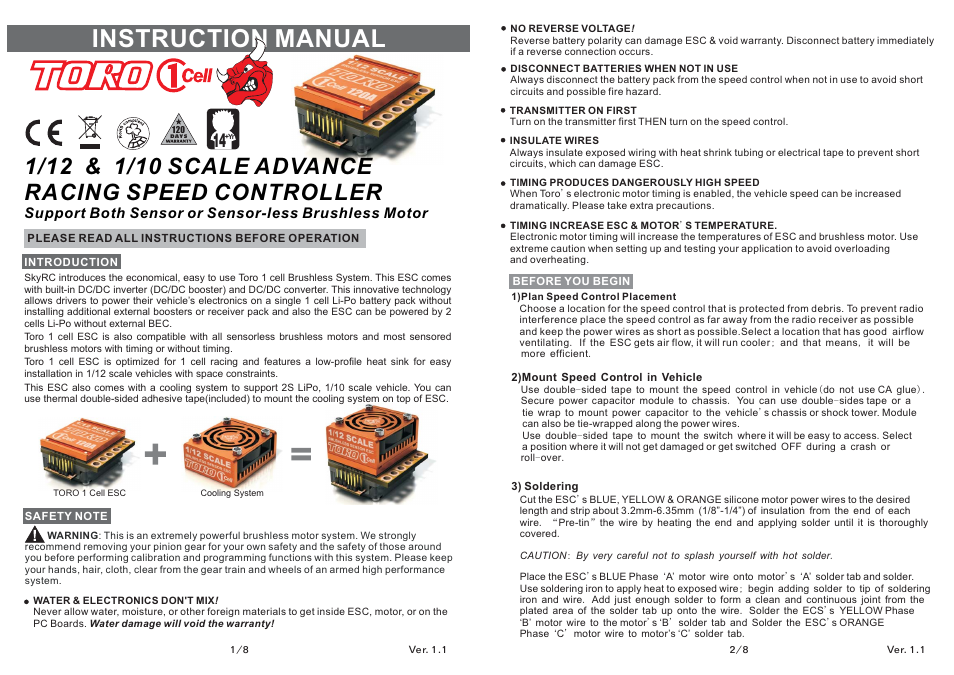 SkyRC Toro One Cell 120A ESC for 1/12 Car User Manual | 4 pages