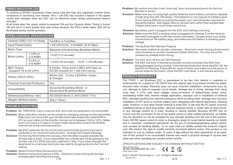 SkyRC Toro One Cell 120A ESC for 1/12 Car User Manual | Page 4 / 4