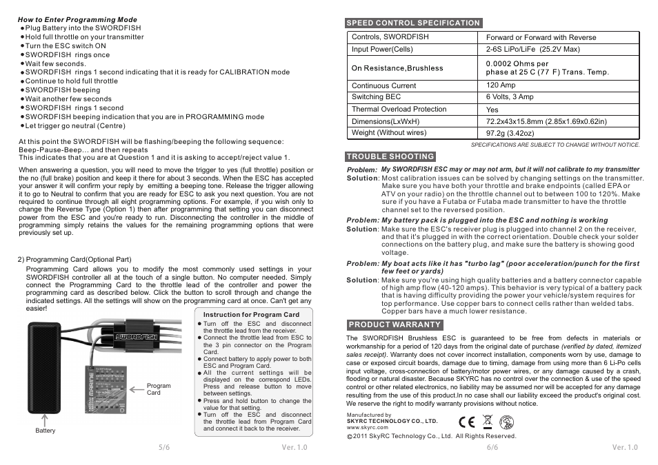 SkyRC Swordfish 120A ESC for Marine User Manual | Page 3 / 3