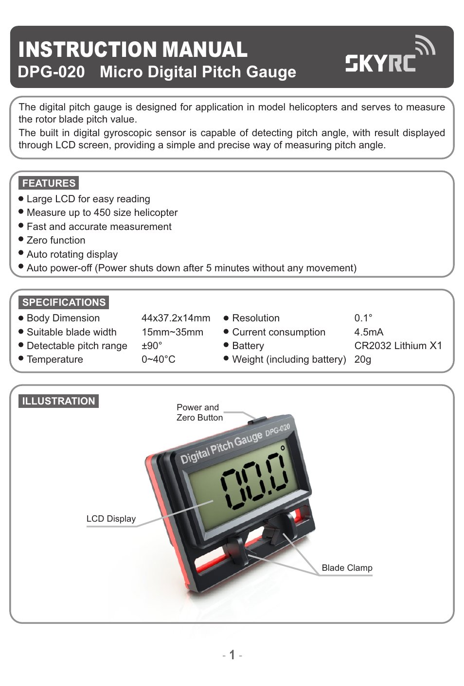 SkyRC Micro Digital Pitch Gauge User Manual | 2 pages