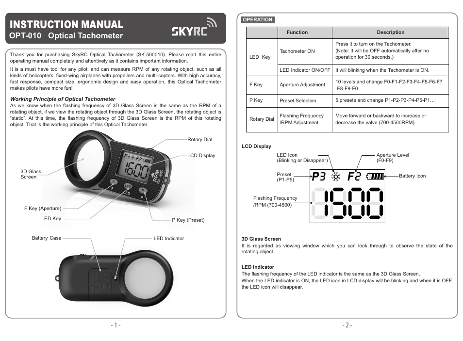SkyRC Helicopter Optical Tachometer User Manual | 2 pages