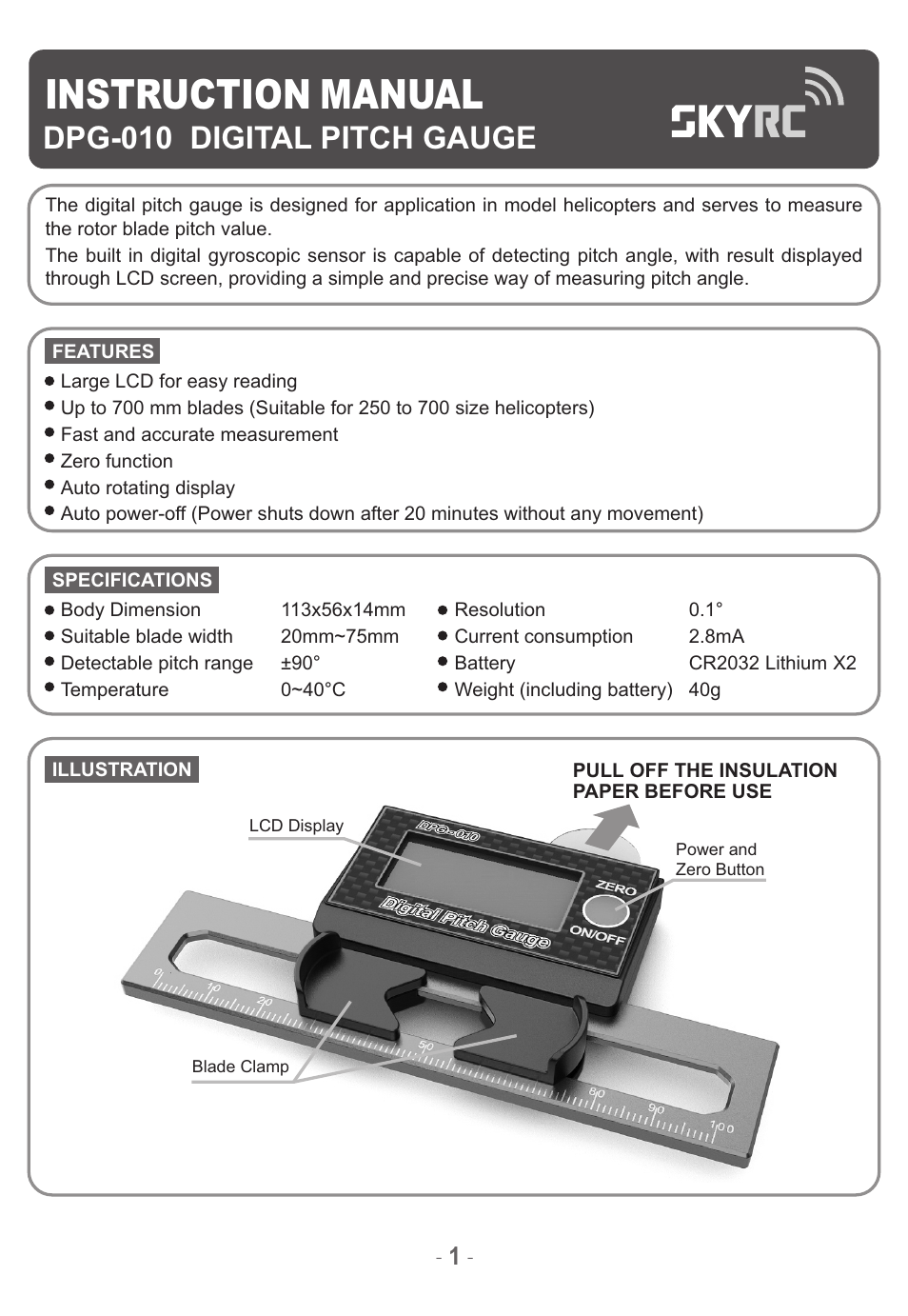 SkyRC Digital Pitch Gauge User Manual | 2 pages