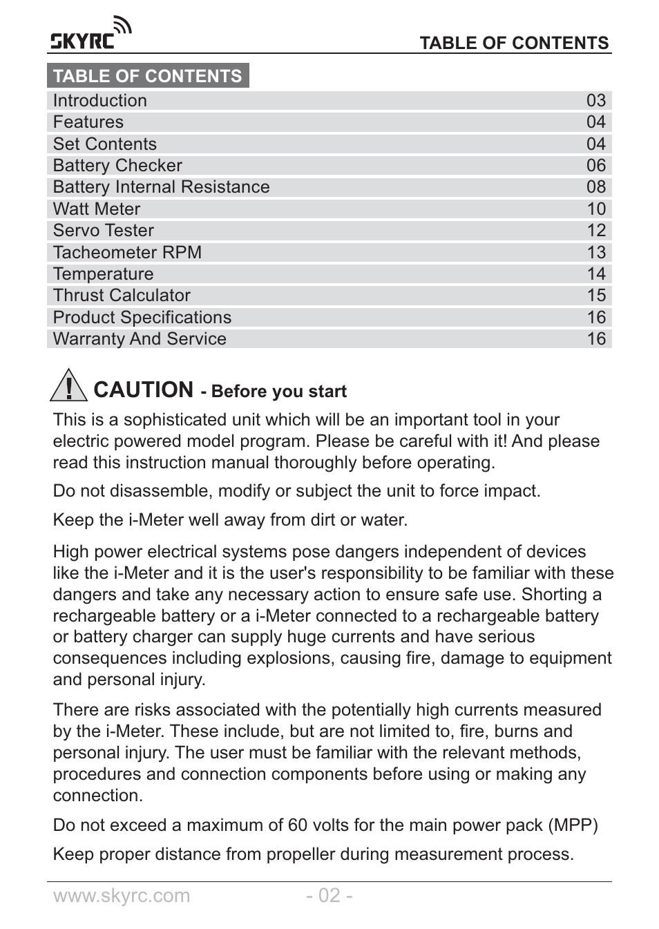 Caution | SkyRC Multimeter User Manual | Page 2 / 16