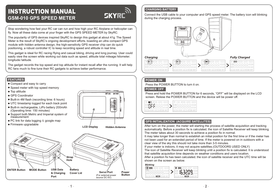 SkyRC GPS Speed Meter User Manual | 2 pages