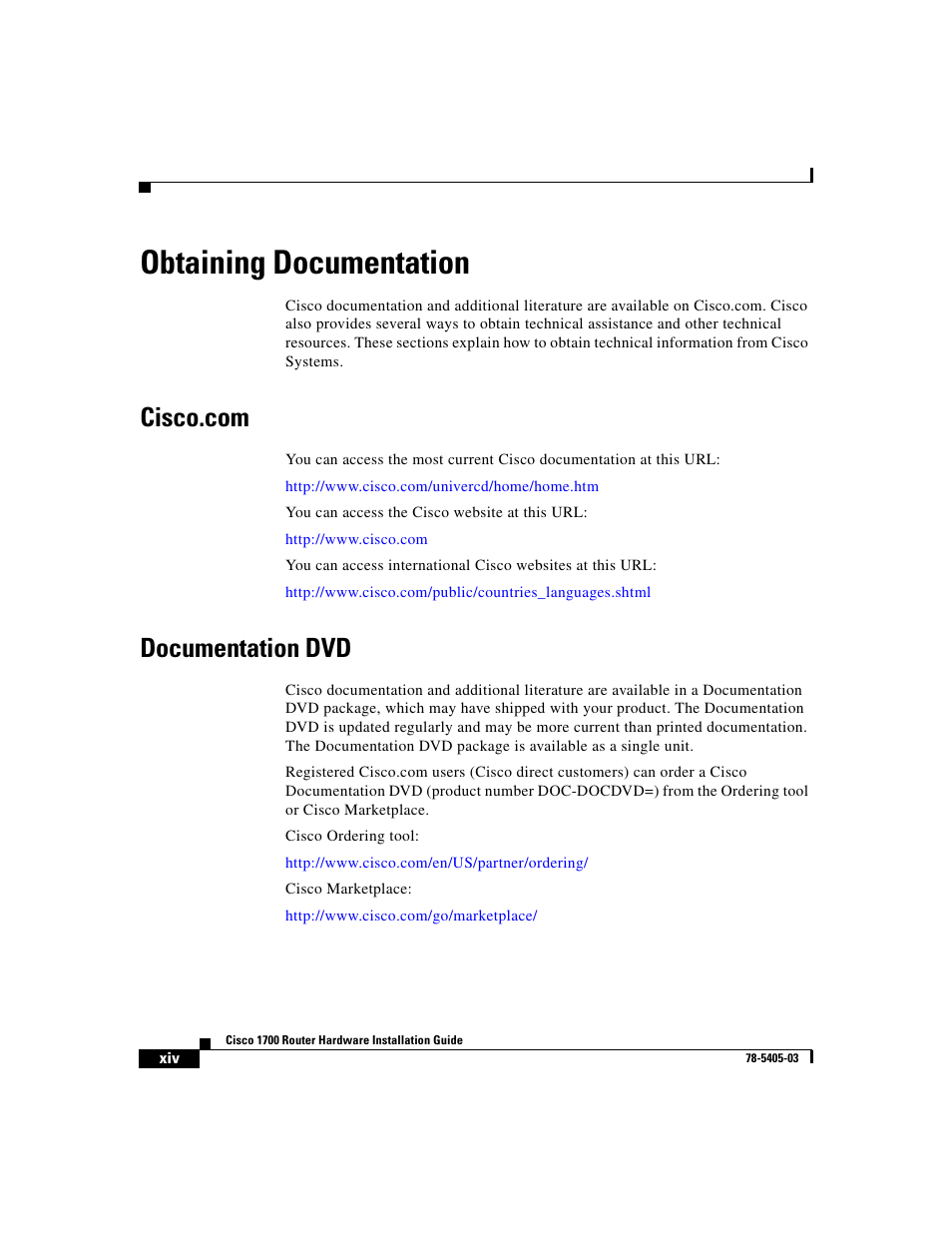 Obtaining documentation, Cisco.com, Documentation dvd | Cisco 1700 User Manual | Page 14 / 88