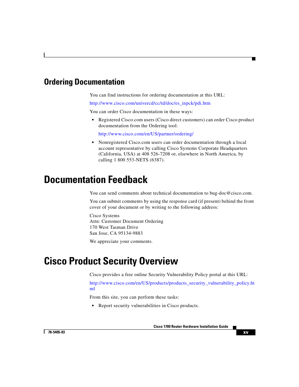 Ordering documentation, Documentation feedback, Cisco product security overview | Cisco 1700 User Manual | Page 15 / 88