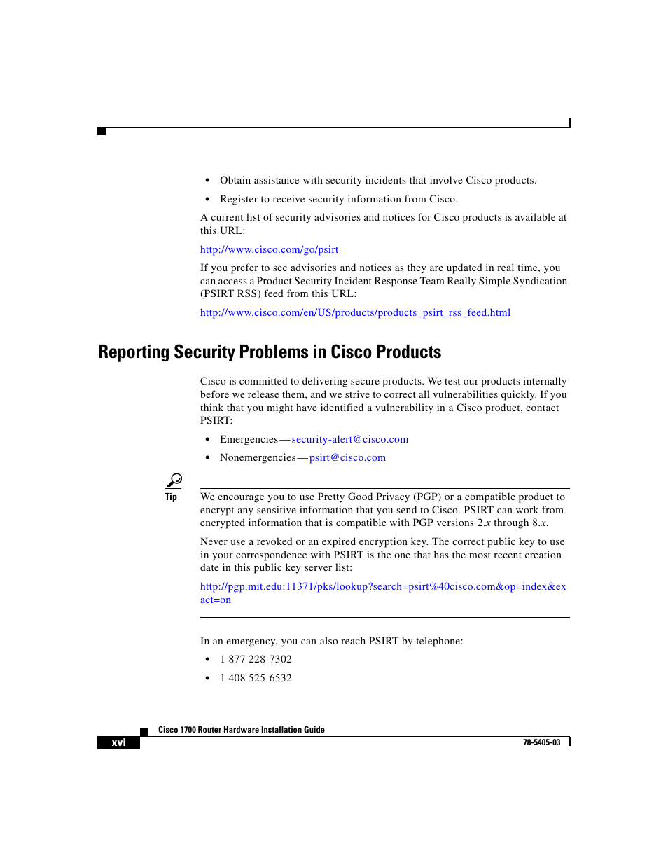 Reporting security problems in cisco products | Cisco 1700 User Manual | Page 16 / 88