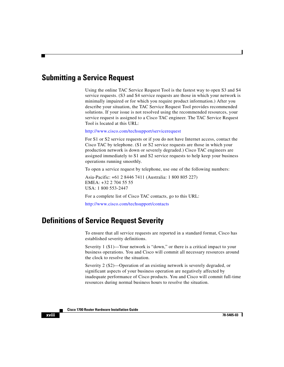 Submitting a service request, Definitions of service request severity | Cisco 1700 User Manual | Page 18 / 88
