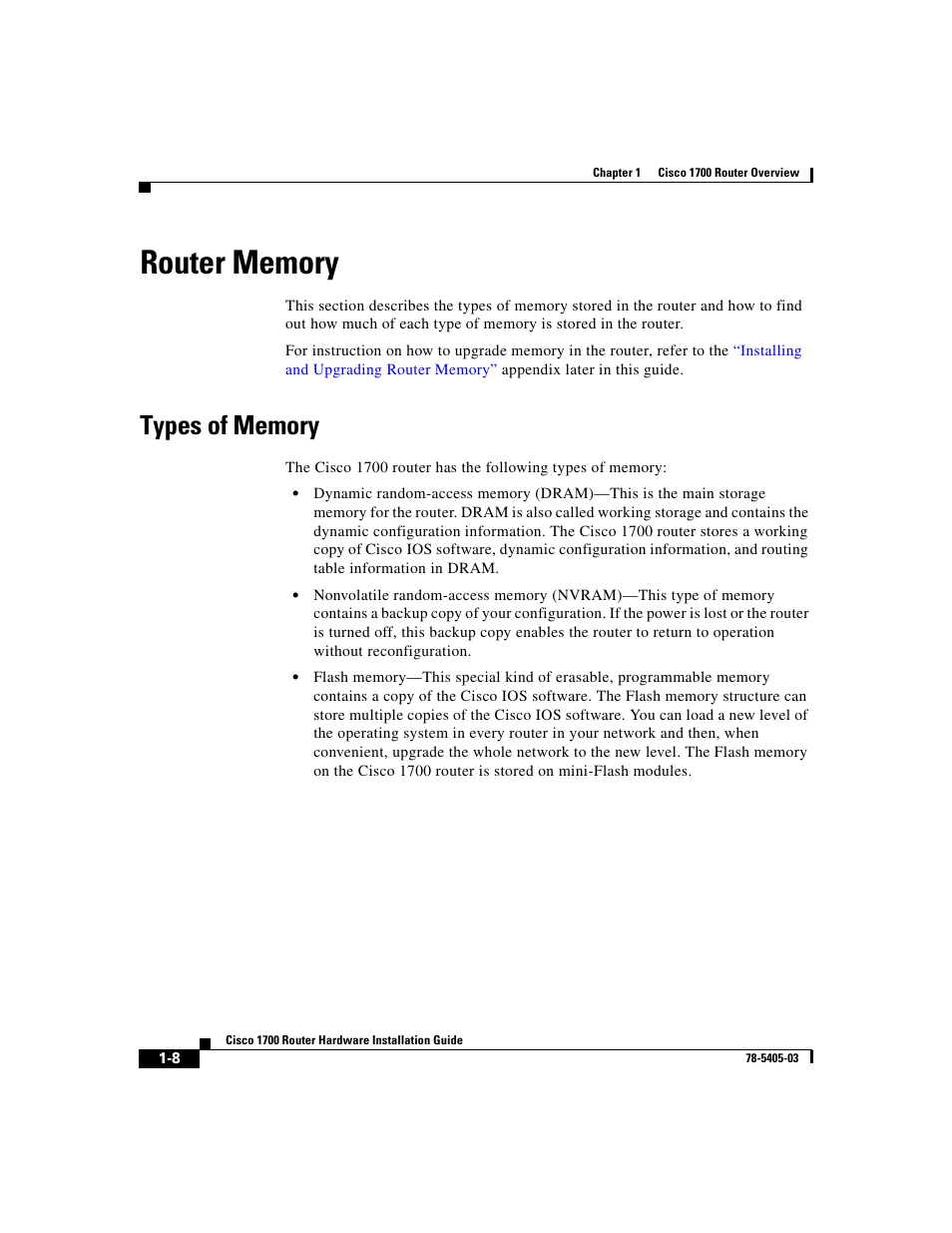 Router memory, Types of memory | Cisco 1700 User Manual | Page 28 / 88
