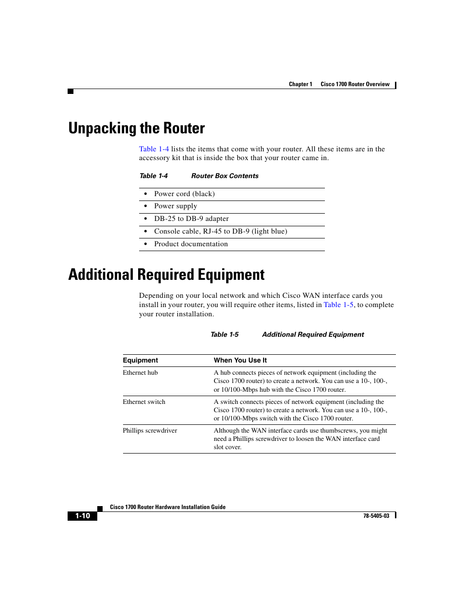 Unpacking the router, Additional required equipment | Cisco 1700 User Manual | Page 30 / 88