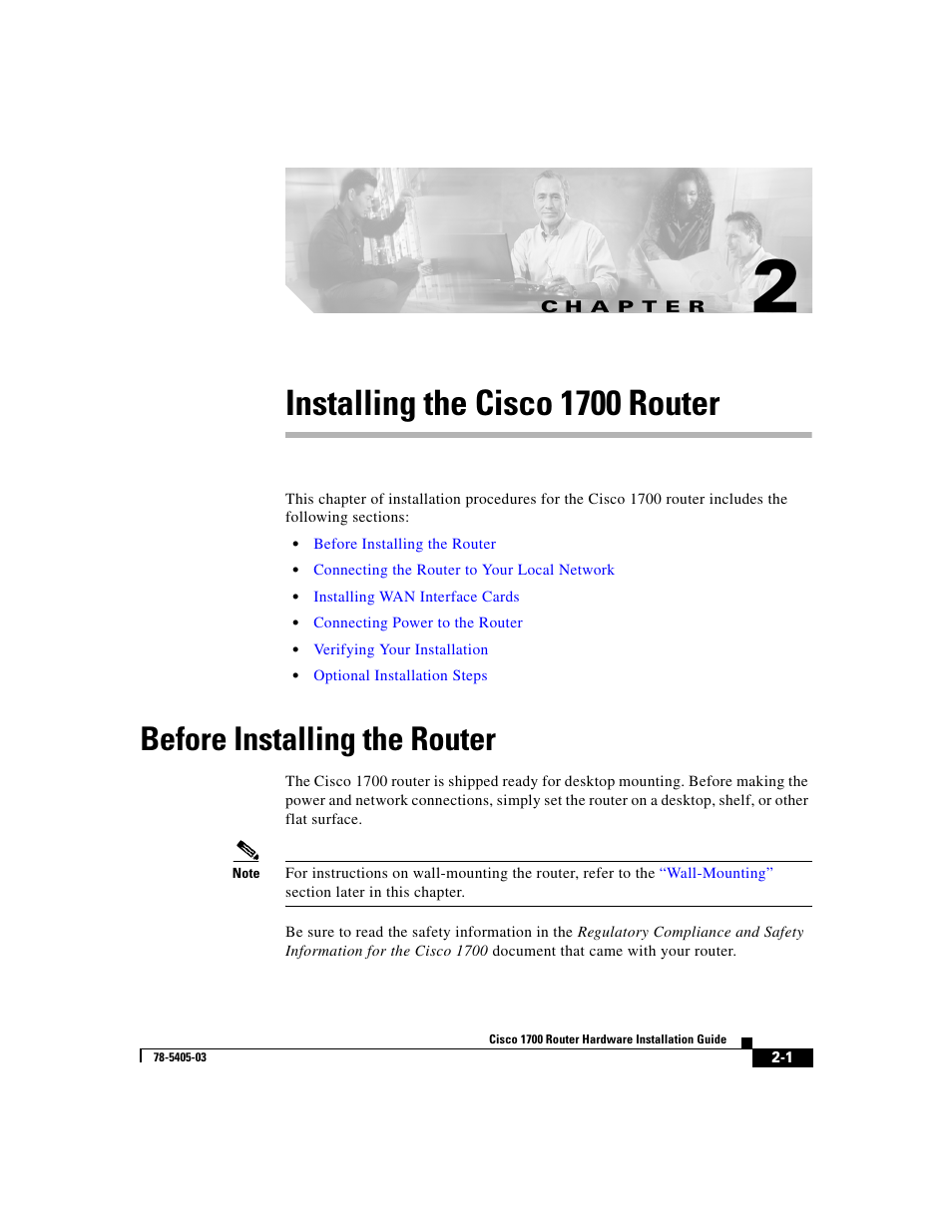 Installing the cisco 1700 router, Before installing the router, C h a p t e r | Describes ho | Cisco 1700 User Manual | Page 33 / 88