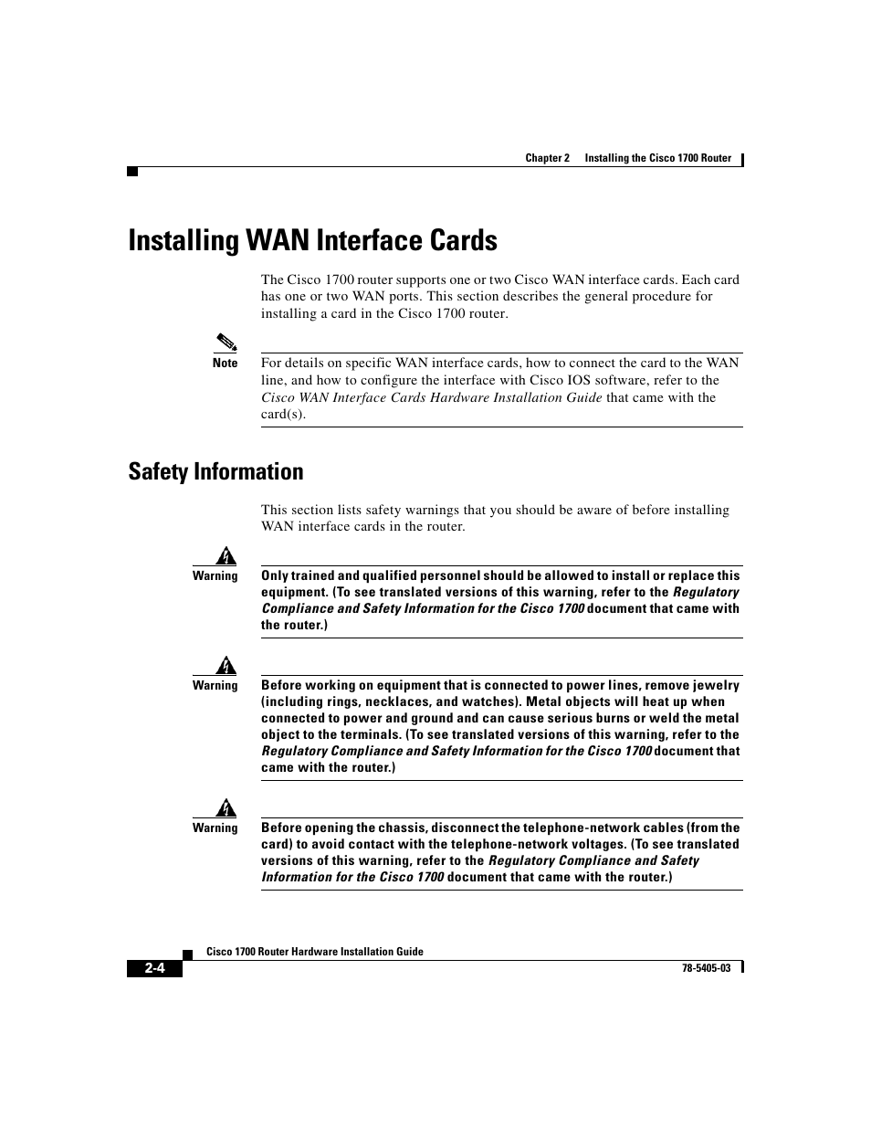 Installing wan interface cards, Safety information | Cisco 1700 User Manual | Page 36 / 88