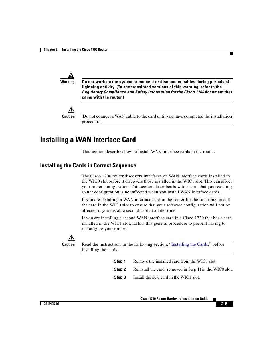 Installing a wan interface card, Installing the cards in correct sequence | Cisco 1700 User Manual | Page 37 / 88