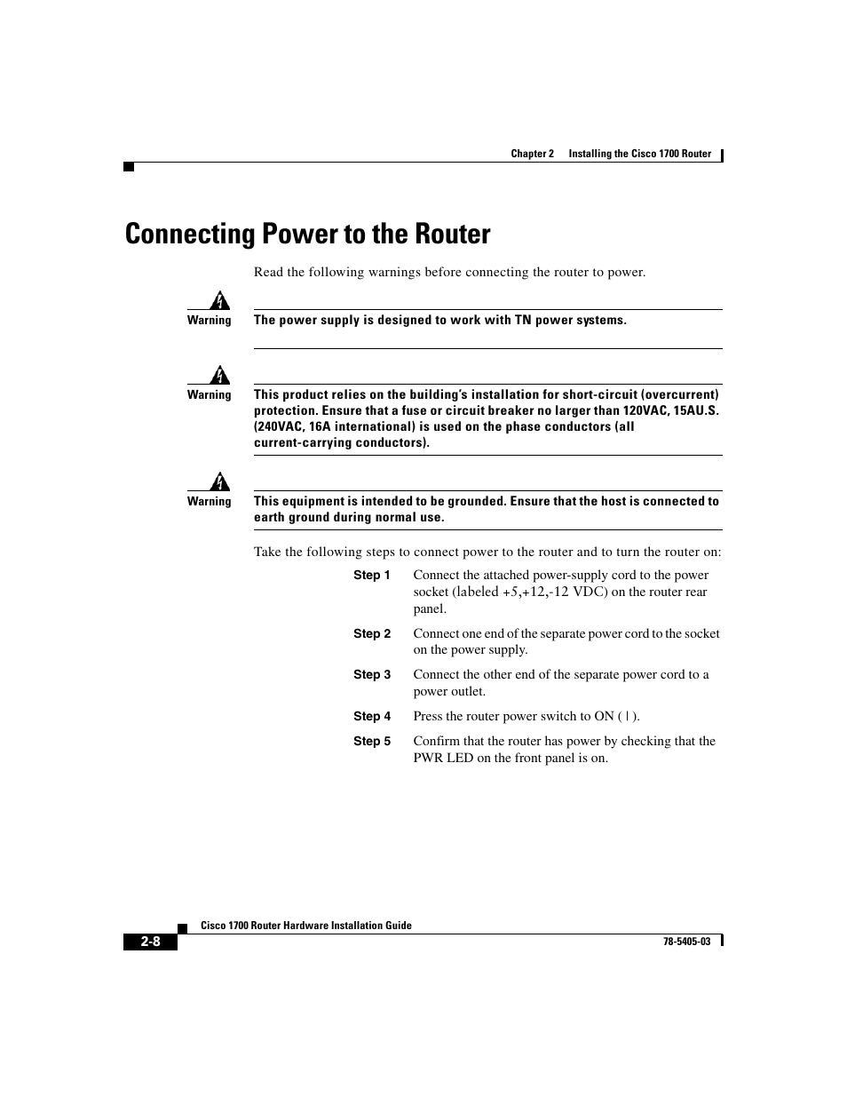 Connecting power to the router | Cisco 1700 User Manual | Page 40 / 88