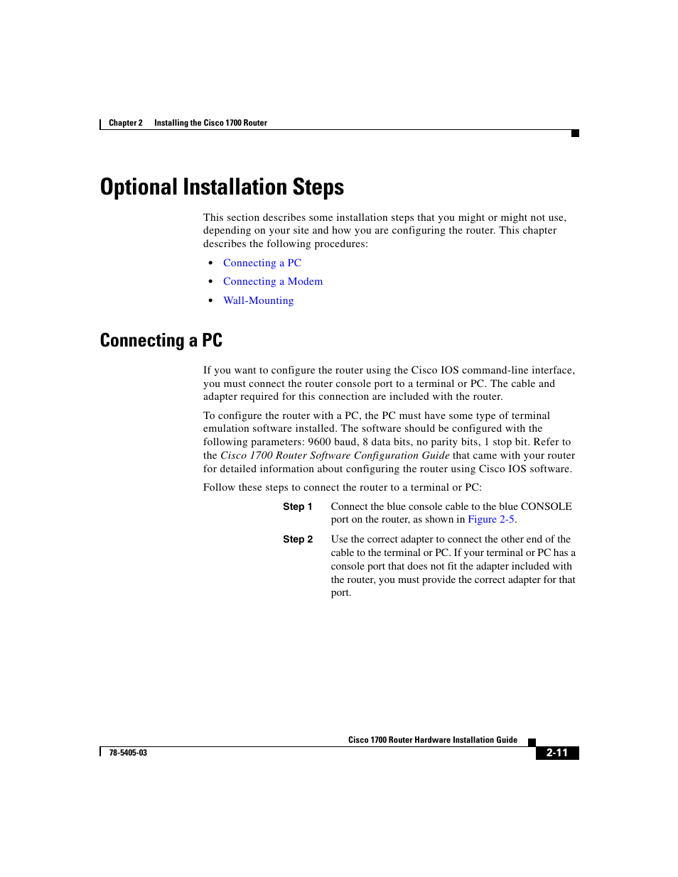 Optional installation steps, Connecting a pc | Cisco 1700 User Manual | Page 43 / 88