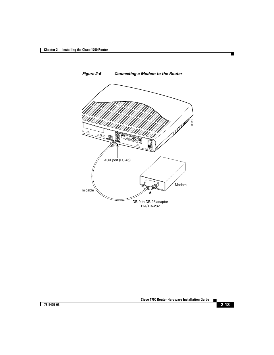 Figure 2-6 connecting a modem to the router, See m anua l befo re in stall ation, M cable aux port (rj-45) modem | Cisco 1700 User Manual | Page 45 / 88