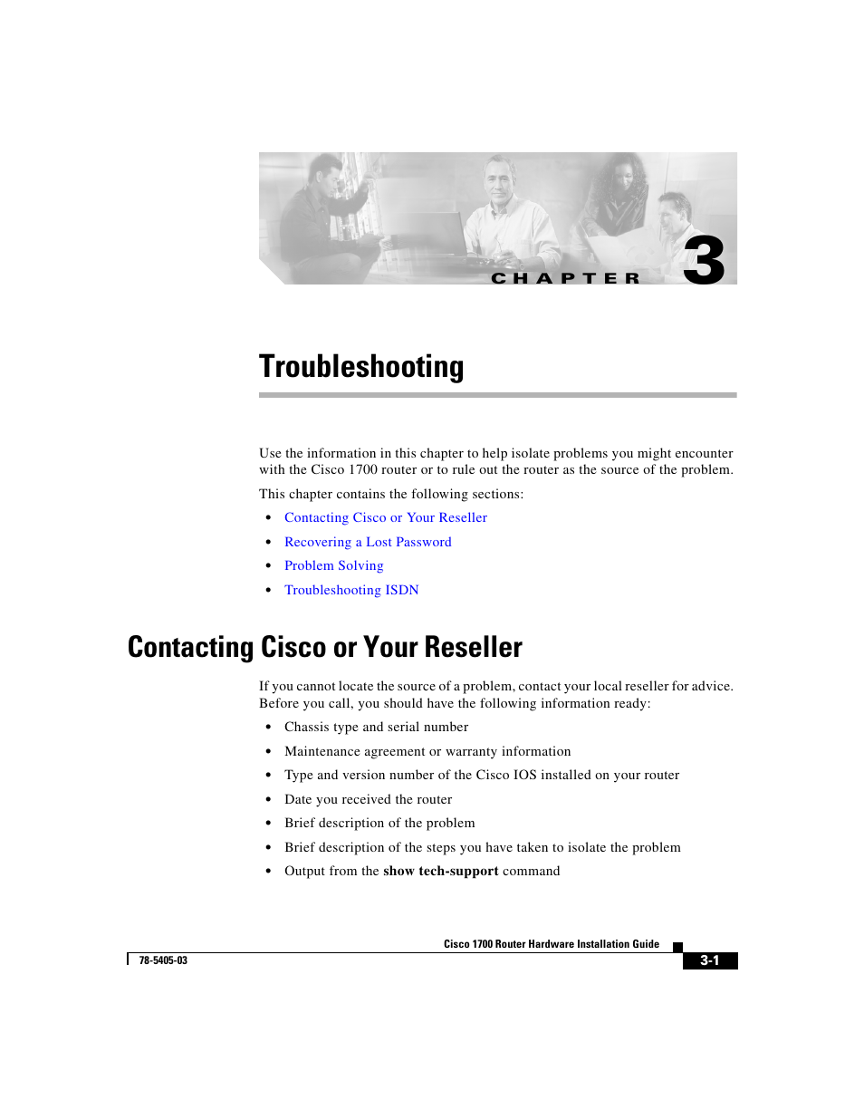 Troubleshooting, Contacting cisco or your reseller, C h a p t e r | Describes | Cisco 1700 User Manual | Page 49 / 88