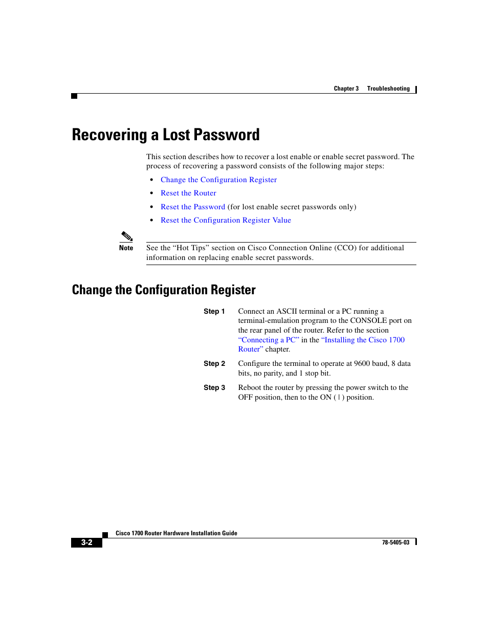 Recovering a lost password, Change the configuration register | Cisco 1700 User Manual | Page 50 / 88