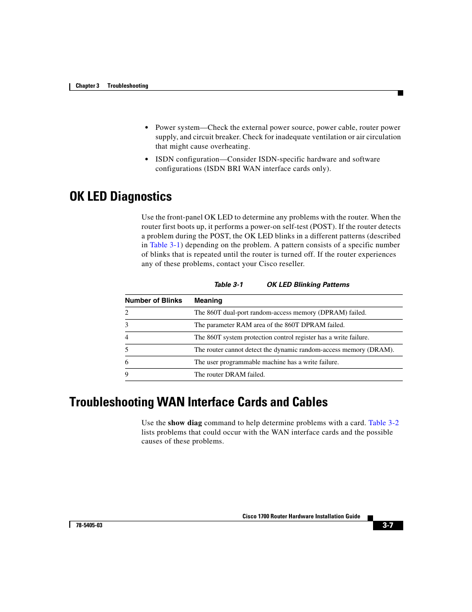 Ok led diagnostics, Troubleshooting wan interface cards and cables, Table 3-1 | Cisco 1700 User Manual | Page 55 / 88