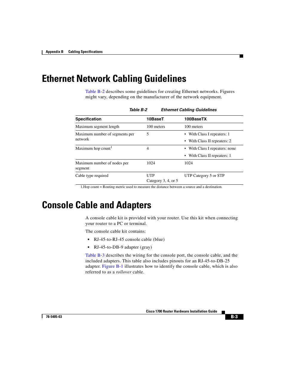 Ethernet network cabling guidelines, Console cable and adapters, Hernet network cabling guidelines | Cisco 1700 User Manual | Page 65 / 88