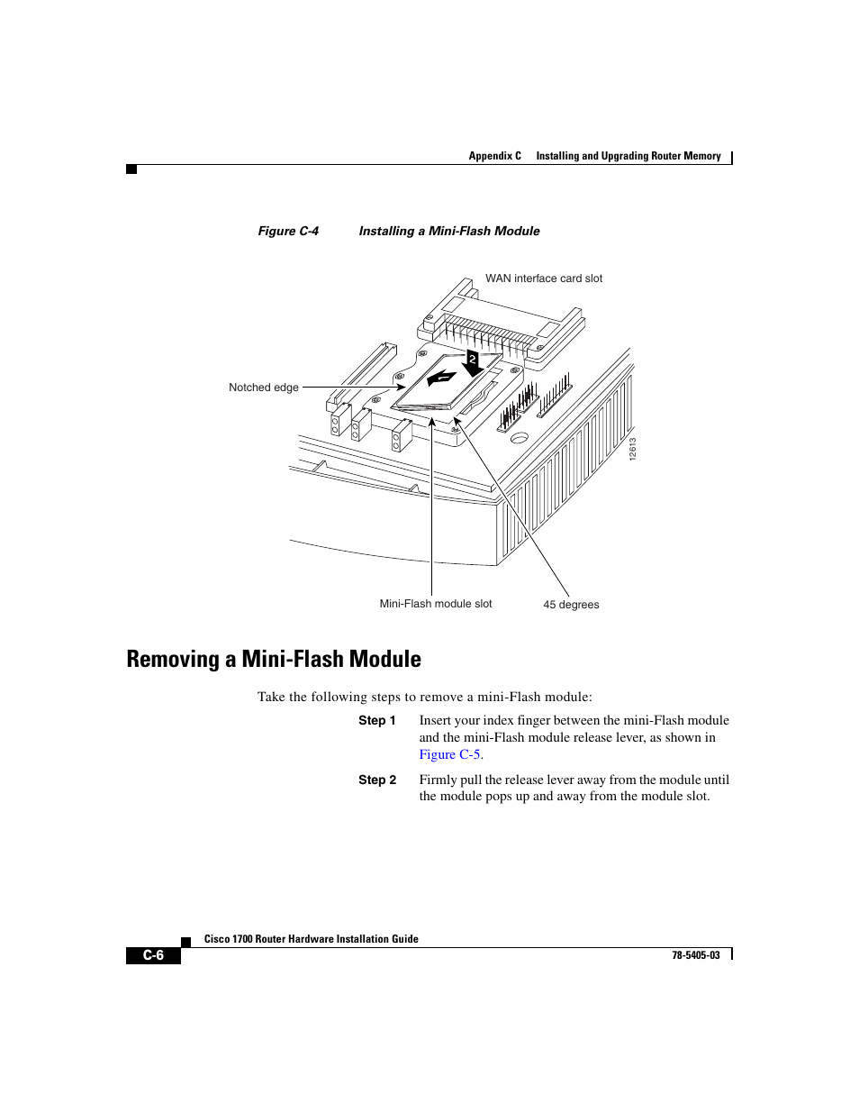 Removing a mini-flash module, N in, Figure c-4 | Cisco 1700 User Manual | Page 72 / 88