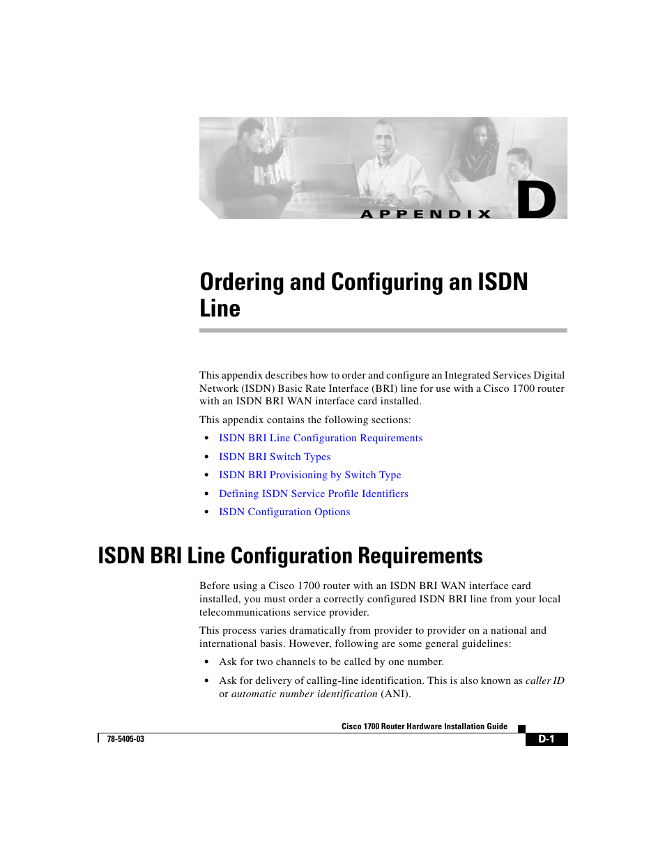 Ordering and configuring an isdn line, Isdn bri line configuration requirements, A p p e n d i x | Ndix | Cisco 1700 User Manual | Page 77 / 88
